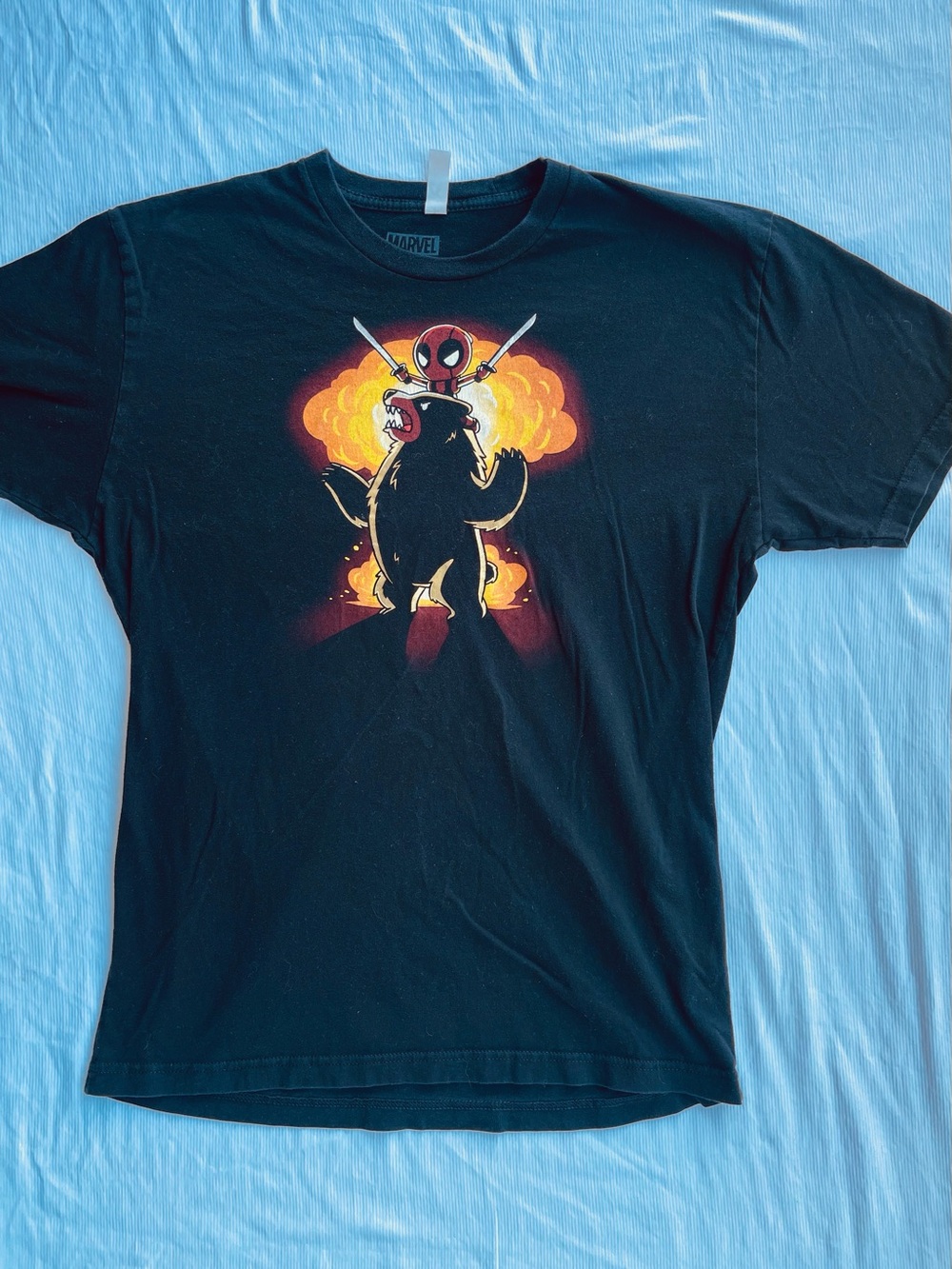 Marvel Black Short Sleeve Tee with Deadpool and Explosive Graphic